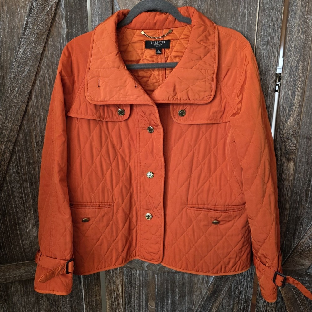 Talbots Jacket Women's Large Orange‎ Quilted Button Front Barn Coat Lightweight